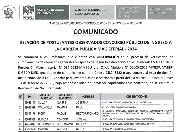 COMUNICADO
RELACIÓN DE POSTULANTES OBSERVADOS CONCURSO PÚBLICO DE INGRESO A
LA CARRERA PÚBLICA MAGISTERIAL - 2024